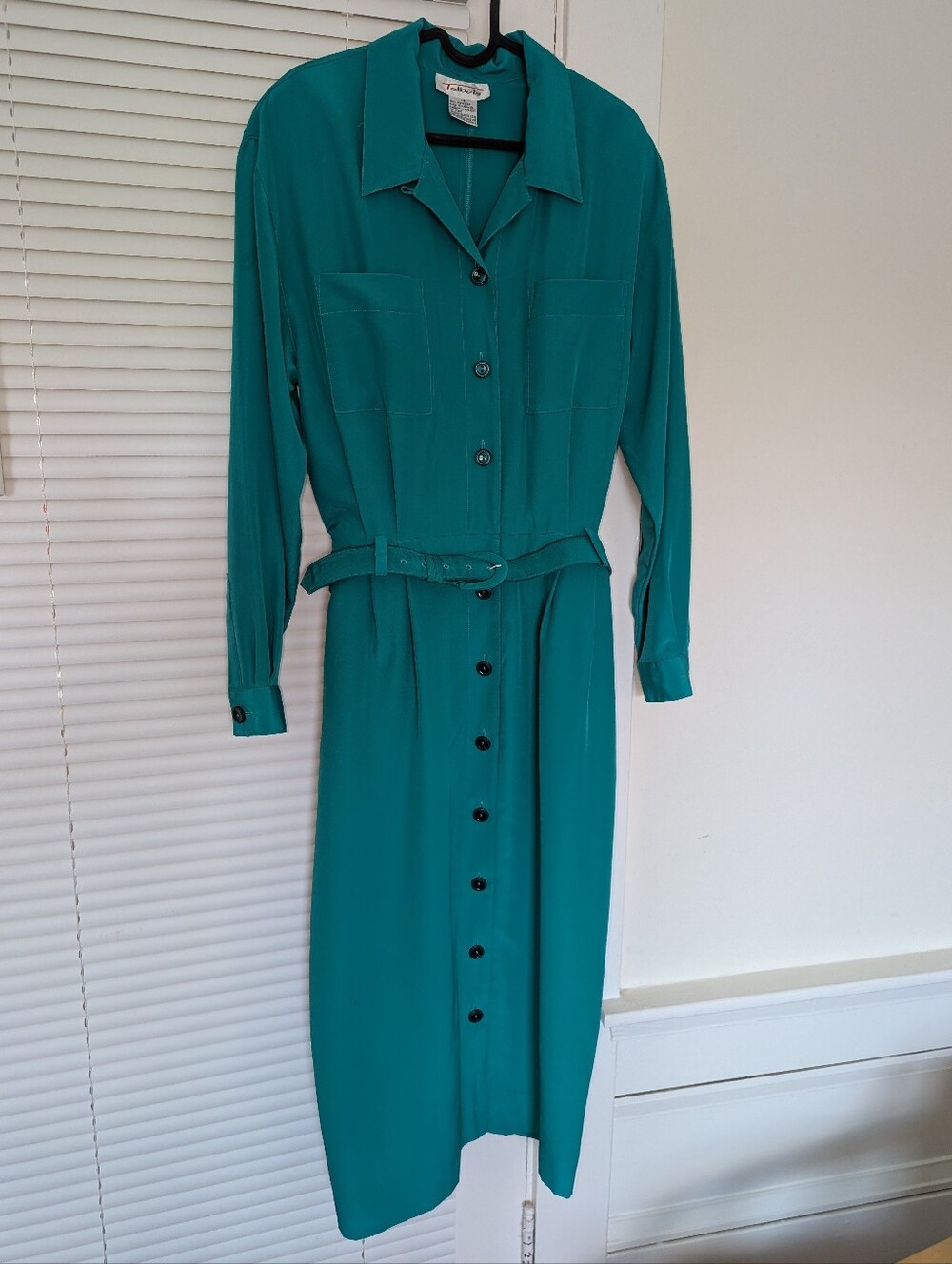 Vintage Talbots Long Shirt Dress Women 14 Green Belt Modest Pockets Maxi Teacher